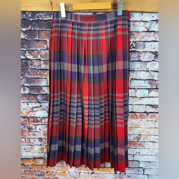 Vintage Wool Tartan Scottish Plaid Pleated Red and Purple Midi Skirt Sz S - Picture 3 of 14